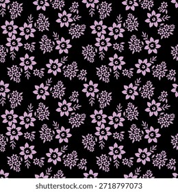 Seamless floral pattern, liberty ditsy print with cute large botany in retro folk style. Beautiful botanical design of hand drawn wild plants: flowers, leaves on black background. Vector illustration