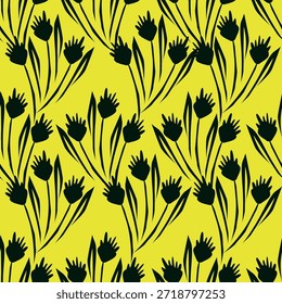 Patrón floral sin fisuras, impresión ditsy de la libertad con la botánica Grande linda en estilo popular retro. Hermoso diseño botánico de plantas silvestres dibujadas a mano: flores, hojas sobre fondo negro. Ilustración vectorial