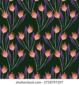 Nahtloses Blumenmuster, schmutziger Freiheitsdruck mit süßer großer Botanik im Retro-Folk-Stil. Schönes botanisches Design von handgezeichneten Wildpflanzen: Blumen, Blätter auf schwarzem Hintergrund. Vektorgrafik