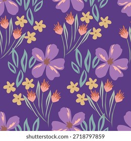 Padrão floral contínuo, liberdade ditsy impressão com grande botânica bonito no estilo folk retro. Belo desenho botânico de plantas selvagens desenhadas à mão: flores, folhas no fundo preto. Ilustração vetorial