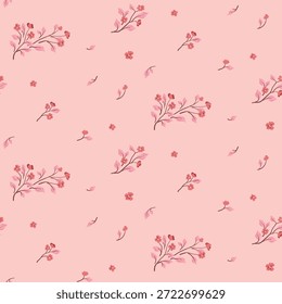 Nahtloses Blumenmuster, schmutziger Freiheitsdruck in zarten rosa Farben. Nettes botanisches Design von kleinen handgezeichneten Pflanzen, winzigen Zweigen, romantischen Mini-Blumen, Blättern. Vektorgrafik.