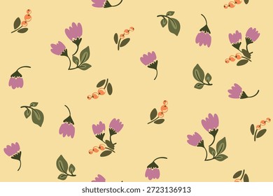 Nahtloses Blumenmuster, schmutziger Freiheitsdruck in Vintage-Motiv. Einfaches botanisches Design, Naturschmuck aus winzigen handgezeichneten Pflanzen, kleinen Blumen, Zweigen, Mini-Wildblumen, Blättern. Vektorgrafik.