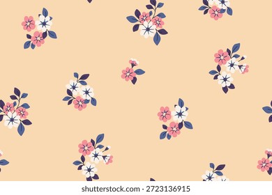 Seamless floral pattern, liberty ditsy print of simple hand drawn plants in a vintage motif. Cute botanical surface design of small flowers, tiny leaves, mini gentle bouquets. Vector illustration