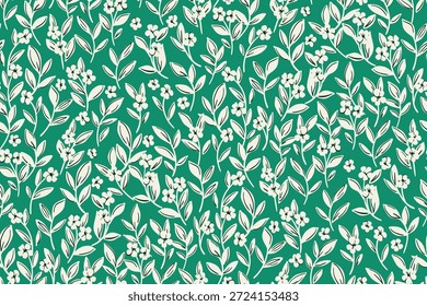 Nahtloses florales Muster, schmutziger Freiheitsdruck von einfachen handgezeichneten Pflanzen auf grünem Hintergrund. Nettes stylisches botanisches Design von kleinen Blumen, kleine Blätter in abstrakter Komposition. Vektorgrafik.