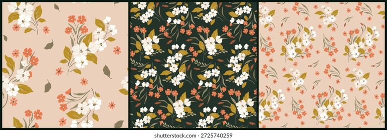 Nahtloses Blütenmuster, freiheitsfauler Abdruck von handgezeichneten Wildpflanzen im Vintage-Motiv. Elegantes botanisches Design von kleinen Blumen, großen Blättern, Bündeln, winzigen Zweigen in abstrakter Form. Vektorgrafik.