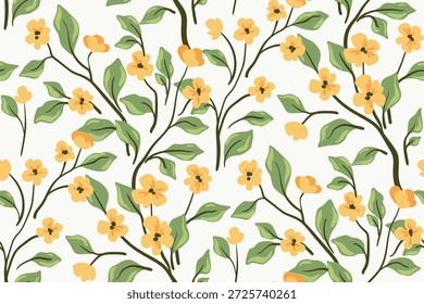 Nahtloses Blumenmuster, ein schmutziger Abdruck hübscher Frühlingspflanzen. Nettes botanisches Design von kleinen handgezeichneten gelben Blumen, kleinen grünen Blättern, dünnen Ästen in einem abstrakten. Vektorgrafik.