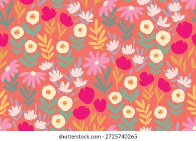 Padrão floral sem emenda, impressão ditsy liberdade em desenho infantil motivo. Design botânico bonito de pequenas plantas pintadas, flores margaridas, folhas minúsculas, prado feminino em fundo rosa. Ilustração vetorial.