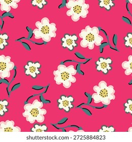 Seamless floral pattern, liberty ditsy print with vintage motif. Beautiful botanical design, pretty flower ornament: small hand drawn flowers, tiny leaves, bouquets on a white background. Vector