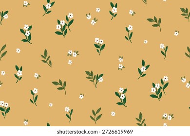 Seamless floral pattern, liberty ditsy print of simple mini hand drawn plants in country motif. Cute botanical design of small white flowers, tiny green leaves abstract on beige. Vector illustration.