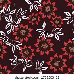 Padrão floral sem costura, impressão de liberdade com botânica grande fofa em estilo retro folk. Belo design botânico de plantas selvagens desenhadas à mão: flores, folhas em fundo preto. Ilustração vetorial
