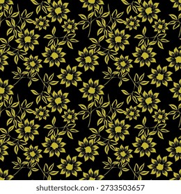 Seamless floral pattern, liberty ditsy print with cute large botany in retro folk style. Beautiful botanical design of hand drawn wild plants: flowers, leaves on black background. Vector illustration

