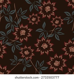Seamless floral pattern, liberty ditsy print with cute large botany in retro folk style. Beautiful botanical design of hand drawn wild plants: flowers, leaves on black background. Vector illustration
