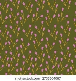 Seamless floral pattern, liberty ditsy print with cute large botany in retro folk style. Beautiful botanical design of hand drawn wild plants: flowers, leaves on black background. Vector illustration

