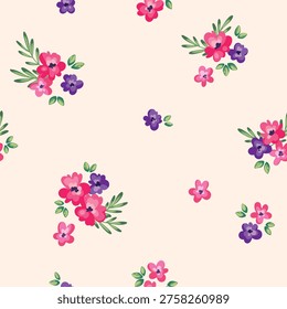 Seamless floral pattern, liberty ditsy print of spring flora. Cute botanical design. Simple hand drawn plants, mini pink flowers, tiny leaves, delicate bouquets, white background. Vector illustration.