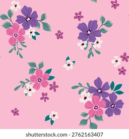 Seamless floral pattern, liberty ditsy print in cute girly motif. Pretty botanical design of simple hand drawn bouquets, small flowers, tiny leaves on delicate pink background. Vector illustration.
