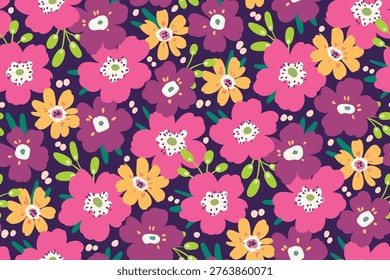 Seamless floral pattern, liberty ditsy print in summer colors. Cute botanical design of hand drawn meadow, small purple flowers, tiny daisies, mini leaves in abstract composition. Vector illustration.