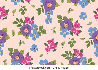 Seamless floral pattern, liberty ditsy print of simple colorful bouquets in a rustic motif. Cute botanical design of small hand drawn flowers, tiny leaves on a white background. Vector illustration.