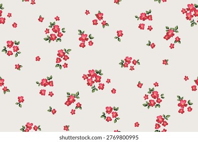 Seamless floral pattern, liberty ditsy print in romantic motif. Cute botanical design of small hand drawn plants, tiny red flowers, leaves, simple mini bouquets, white background. Vector illustration.