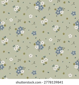 Seamless floral pattern, liberty ditsy print of mini plants in romantic country motif. Cute botanical design of hand drawn small flowers, tiny leaves, bouquets on green background. Vector illustration
