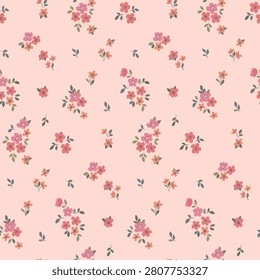 Seamless floral pattern, liberty ditsy print of hand drawn tiny plants in a romantic motif. Cute botanical design of small daisy flowers, leaves, simple mini bouquets in pastel. Vector illustration.