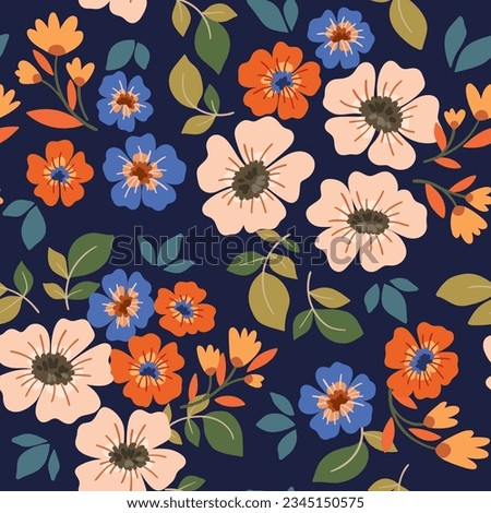 Seamless floral pattern, liberty ditsy print with folk motif in vintage style. Beautiful botanical design: hand drawn plants, small flowers, leaves on a dark blue background. Vector illustration.