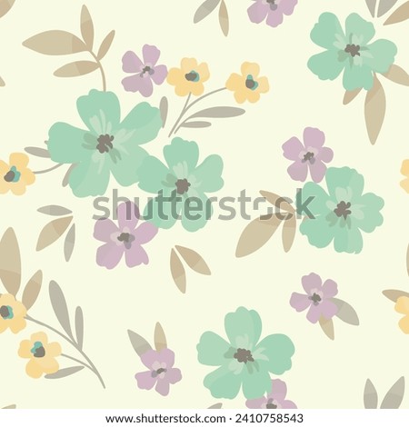 Seamless floral pattern, liberty ditsy print in delicate pastel colors. Pretty botanical design: small hand drawn flowers, little leaves, simple abstract bouquets on a light background. Vector tile.