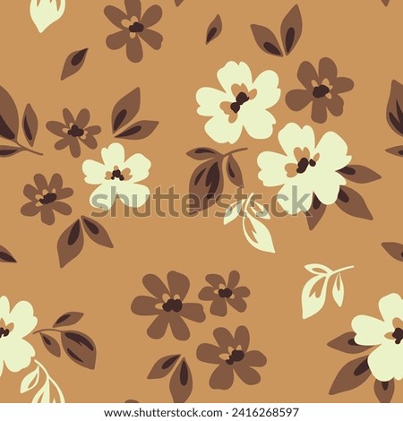 Seamless floral pattern, liberty ditsy print of pretty simple flora. Cute botanical surface design: small hand drawn daisy flowers, tiny abstract leaves on a beige background. Vector illustration.