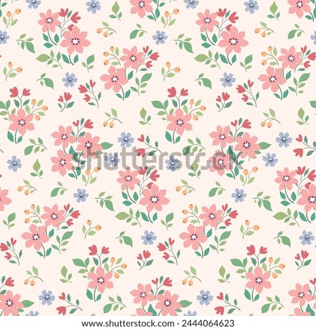 Seamless floral pattern, liberty ditsy print, abstract nature ornament in pretty folk motif. Cute botanical design: small hand drawn flowers, tiny leaves in pastel spring colors. Vector illustration.