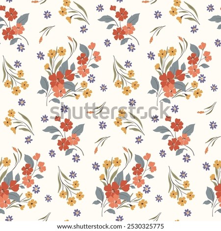 Seamless floral pattern, liberty ditsy print, abstract ornament of small hand drawn plants, red flowers, tiny branches, bouquets, leaves. Romantic botanical design in folk motif. Vector illustration.