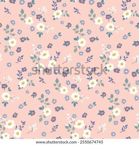 Seamless floral pattern, liberty ditsy print of mini flowers in gentle pastel colors. Romantic botanical design: small hand drawn flowers, tiny leaves, simple bouquets on pink. Vector illustration.