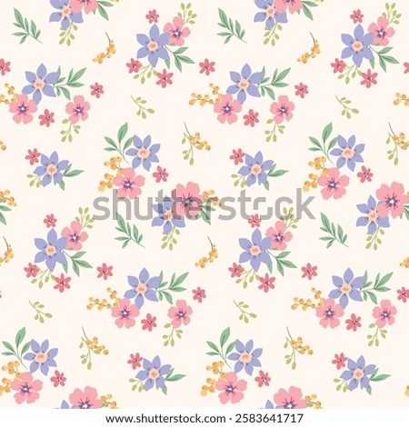 Seamless floral pattern, liberty ditsy print of simple hand drawn plants in romantic spring motif. Cute botanical design of small flowers, leaves, tiny bouquets in pastel colors. Vector illustration.