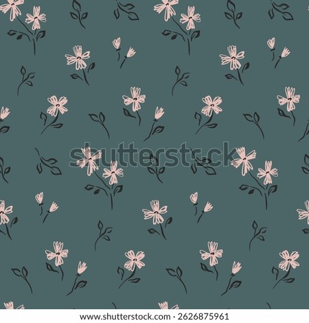 Seamless floral pattern, liberty ditsy print in vintage, old-fashioned motif. Elegant botanical design of small hand drawn flowers, tiny sketch leaves abstract on dark field. Vector illustration.