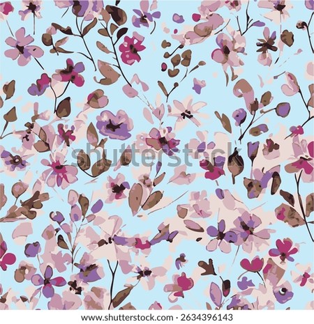 Seamless floral pattern, liberty ditsy print, abstract ornament of simple hand drawn plants. Cute botanical design in folk motif: small daisy flowers, tiny leaves, bouquets. 