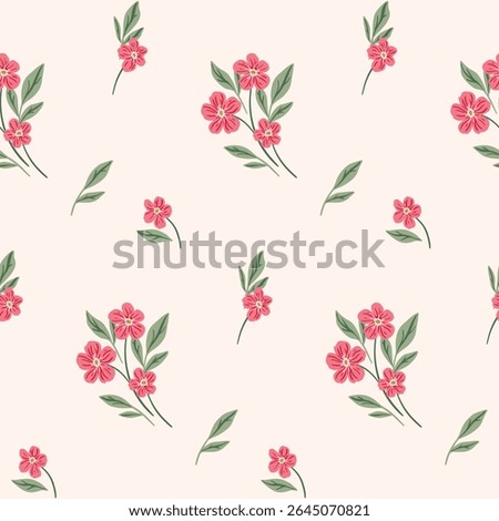 Seamless floral pattern, liberty ditsy print, simple ornament with red flowers in folk motif. Repeating botanical design of small hand drawn flowers, plants, leaves. Vector illustration.