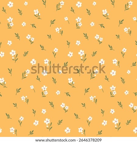 Seamless floral pattern, liberty ditsy print of tiny pretty daisies on yellow field. Simple cute botanical design of small hand drawn flowers, leaves, simple mini plants. Textile fashion print. Vector