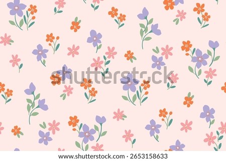 Seamless floral pattern, liberty ditsy print of gentle hand drawn plants in pastel colors. Cute botanical textile design of small daisy flowers, tiny leaves, pretty blooming field. Vector illustration
