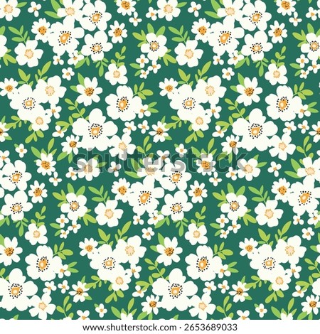 Seamless floral pattern, liberty ditsy print with blooming meadow in country motif. Cute botanical design of small hand drawn white flowers, tiny leaves, foliage on green field. Vector illustration.