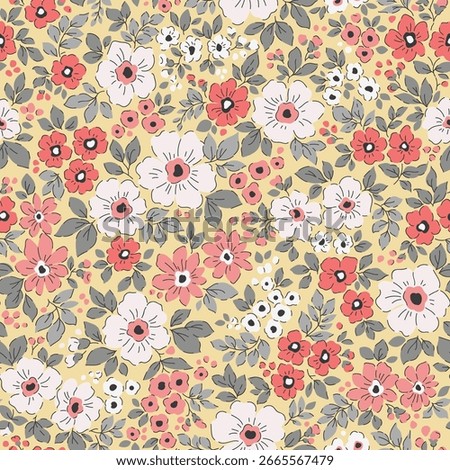 Seamless floral pattern, liberty ditsy print with cute summer liberty flowers. Pretty botanical design for textile, paper. Small hand drawn flowers, tiny leaves on a yellow background. Stock vector 