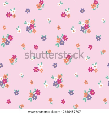 Seamless floral pattern, liberty ditsy print in gentle pastel colors. Cute botanical design, fond textile print: mini hand drawn plants, small pretty flowers, tiny leaves on pink. Vector illustration.