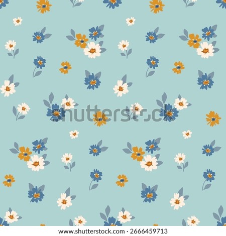 Seamless floral pattern, liberty ditsy print in delicate folk, country motif. Pretty gentle botanical design of small hand drawn daisy flowers, tiny leaves, simple mini bouquets on blue. Vector.
