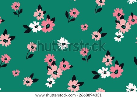 Seamless floral pattern, liberty ditsy print of mini pretty flowers on green. Cute botanical design of gentle hand drawn plants, small pink flowers, tiny leaves, simple bouquets. Vector illustration.