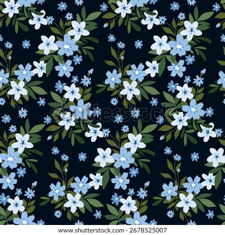 Seamless floral pattern, liberty ditsy print of gentle blue plants on a dark black background. Cute botanical design, small hand drawn flowers, large leaves, simple pretty bouquets Vector illustration