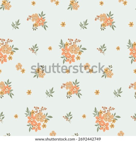 Seamless floral pattern, liberty ditsy print of mini gentle plants in country motif. Cute botanical design of simple hand drawn bouquets, small yellow flowers, tiny leaves. Textile fashion, vector