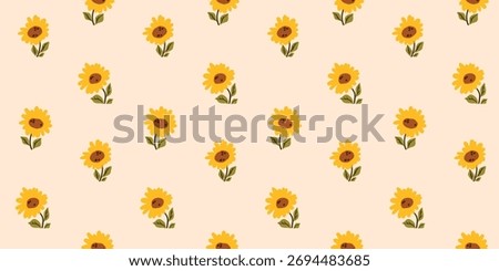 Seamless floral pattern, liberty ditsy print, simple ornament in folk motif. Cute botanical design of mini sunflowers isolated on white background. Small drawings yellow flowers. Vector illustration.