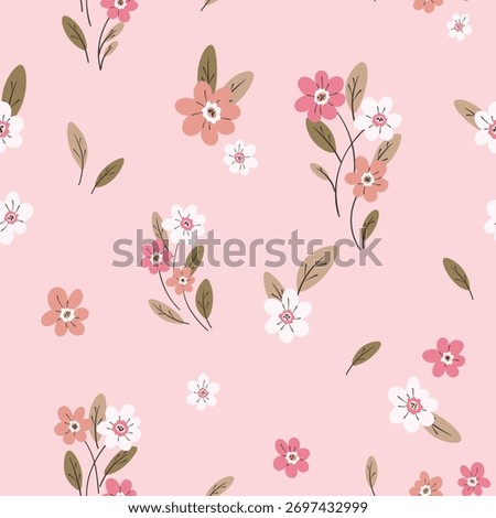 Seamless floral pattern, liberty ditsy print of simple plants in romantic colors. Cute botanical design of small hand-drawn flowers, delicate twigs, tiny leaves on a pink field. Vector illustration.