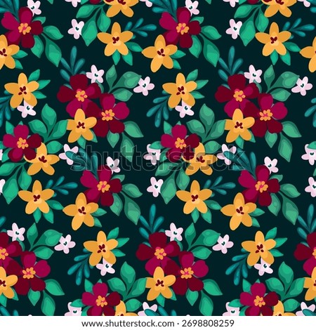 Seamless floral pattern, Liberty ditsy print of painted flowers, lush foliage. Simple cute botanical design in vintage motif, small hand-drawn flowers, little green leaves on dark. Vector illustration