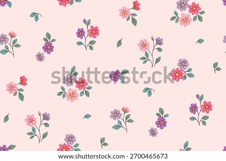 Seamless floral pattern, liberty ditsy print in a cute girly motif. Pretty botanical design of mini hand-drawn plants, small flowers, tiny leaves, and simple delicate bouquets. Vector illustration.
