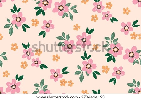 Seamless floral pattern, liberty ditsy print of simple plants in a cute baby motif. Pretty botanical design of small pink daisy flowers, tiny leaves, simple mini spring bouquets. Vector illustration.