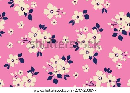 Seamless floral pattern, liberty ditsy print of simple hand drawn plants. Cute botanical design of painted white flowers, tiny leaves, small bouquets abstract on a pink background. Vector illustration