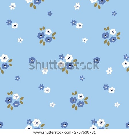 Seamless floral pattern, liberty ditsy print of mini cute plants on blue background. Pretty botanical design of small hand drawn flowers, tiny leaves, simple spring bouquets. Vector illustration.